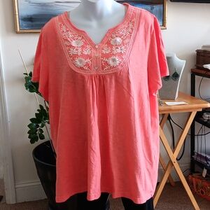 Kim Rogers Coral Blouse with White Floral Detail 1X